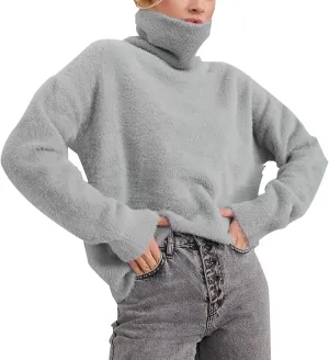 Sweater for Women Long Sleeve High Neck Knitted Pullover Plain Fall Tops Oversized Tunic Knit Loose Fit Warm Winter Trendy
