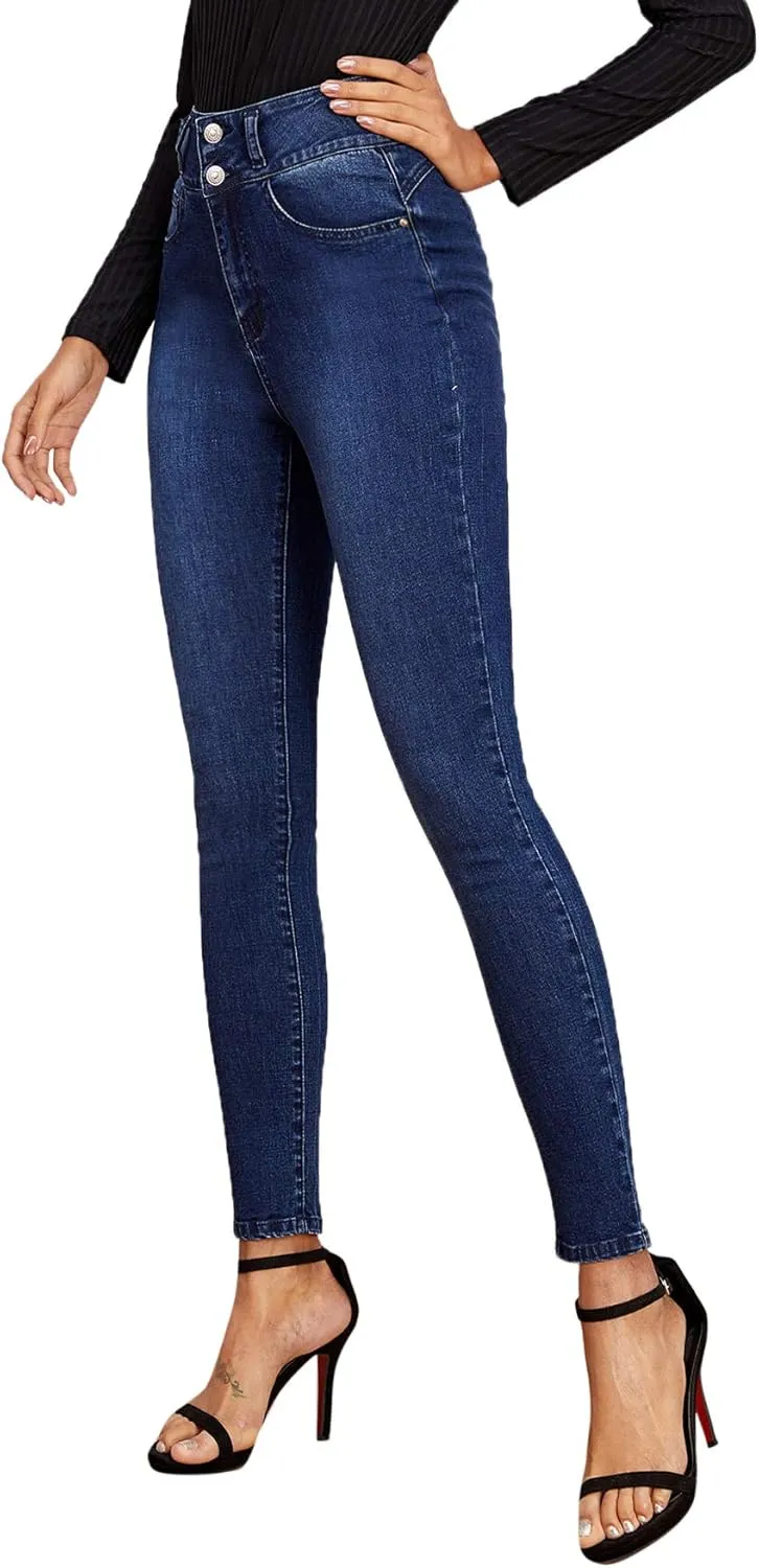 SweatyRocks Women's Casual Button High Rise Skinny Denim Jeans