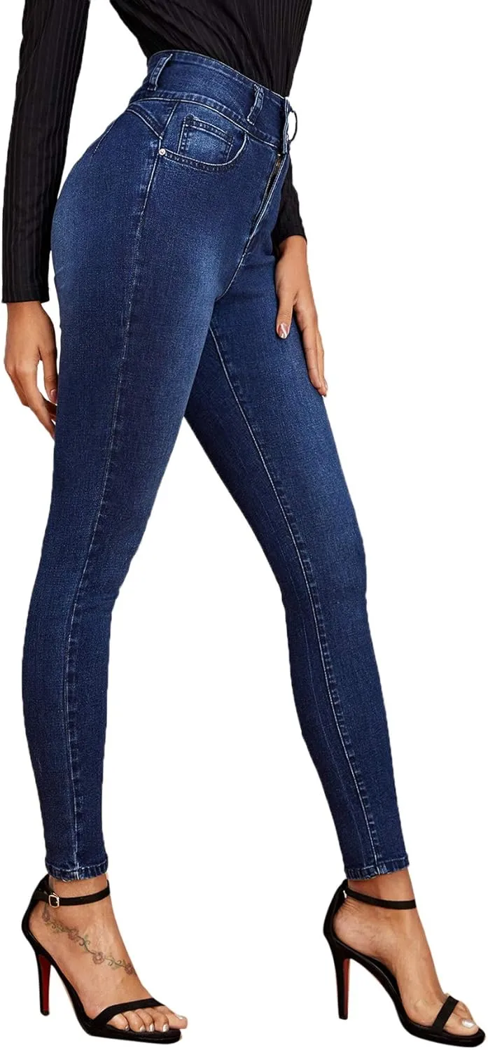 SweatyRocks Women's Casual Button High Rise Skinny Denim Jeans
