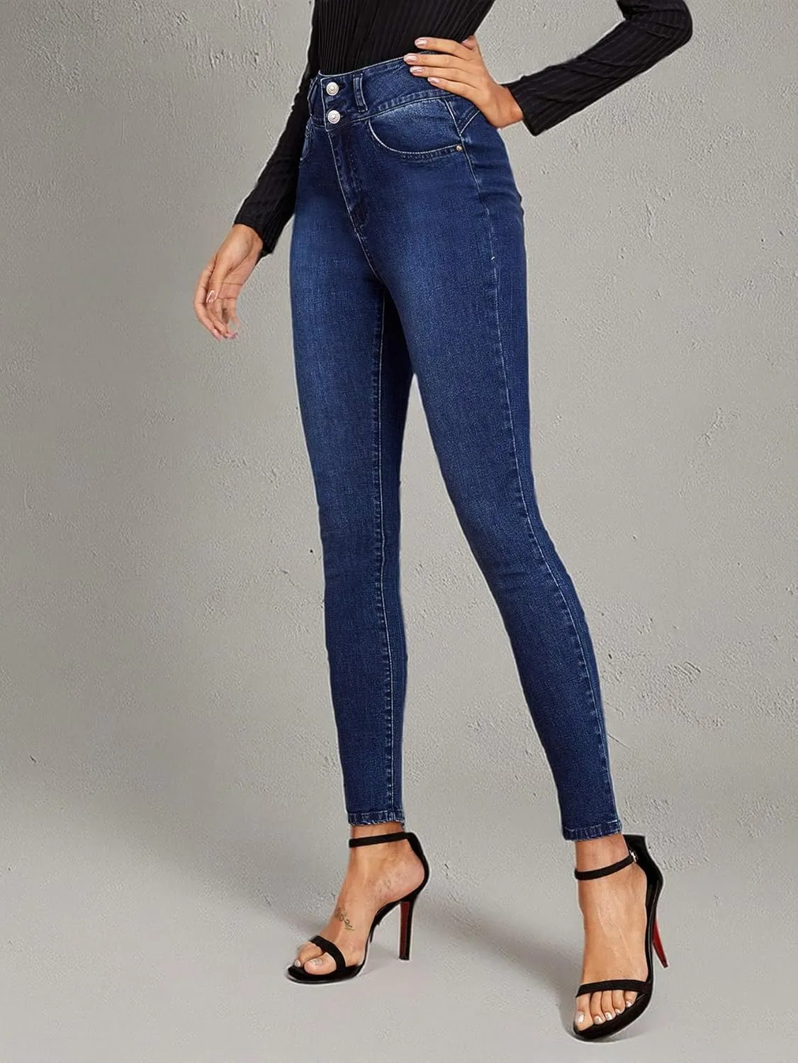 SweatyRocks Women's Casual Button High Rise Skinny Denim Jeans