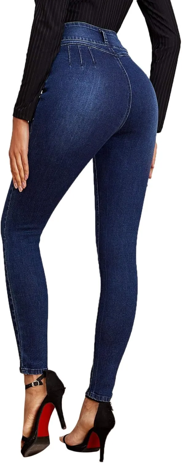 SweatyRocks Women's Casual Button High Rise Skinny Denim Jeans