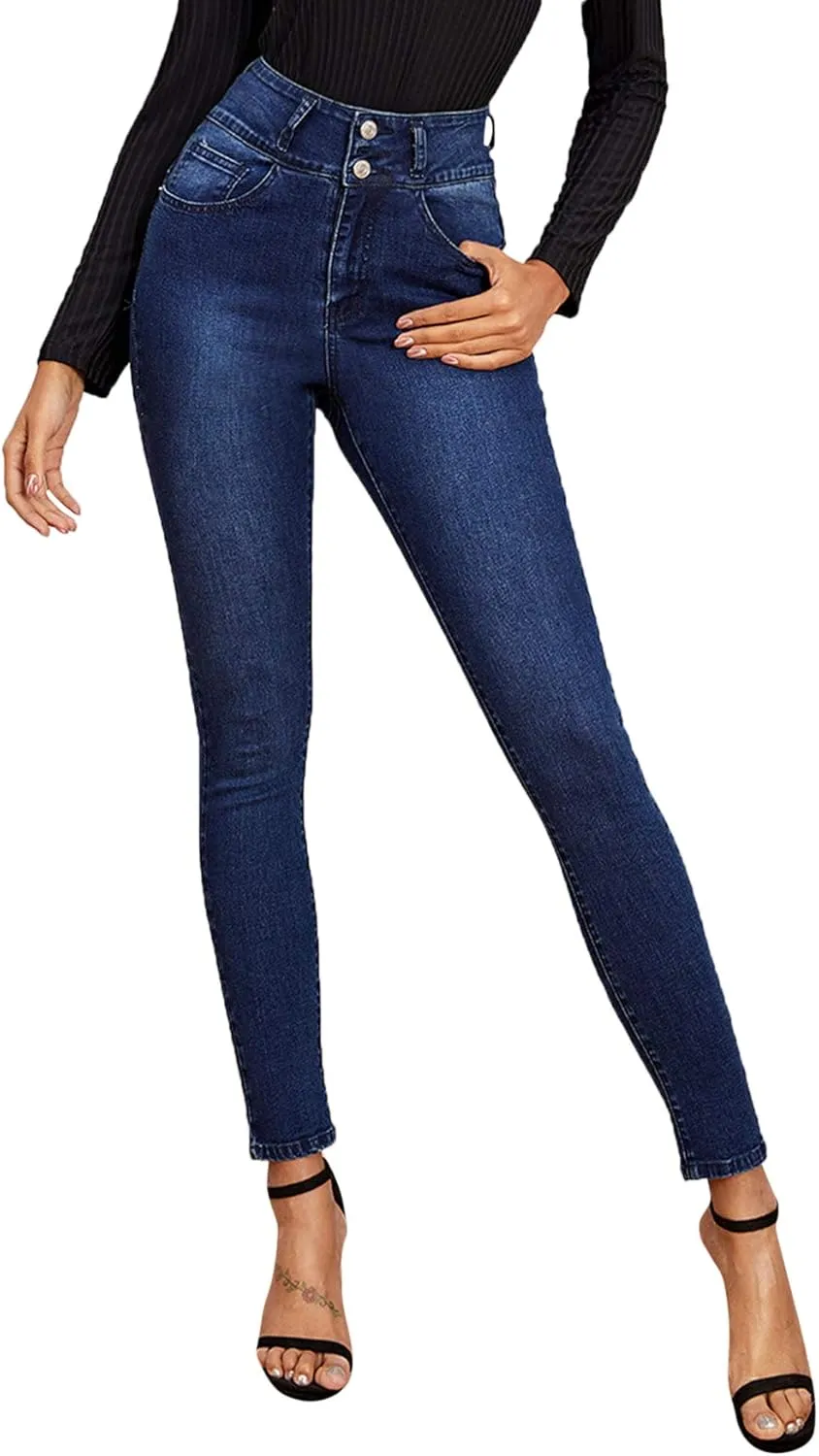 SweatyRocks Women's Casual Button High Rise Skinny Denim Jeans