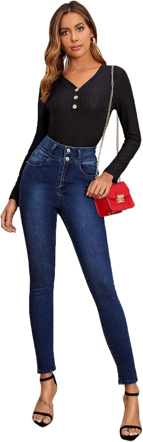 SweatyRocks Women's Casual Button High Rise Skinny Denim Jeans
