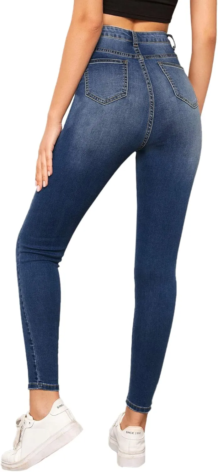 SweatyRocks Women's Casual Button High Rise Skinny Denim Jeans