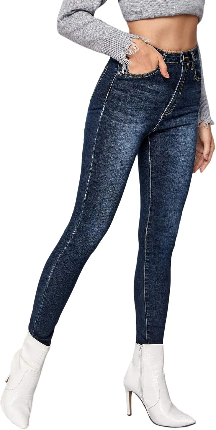 SweatyRocks Women's Casual Button High Rise Skinny Denim Jeans