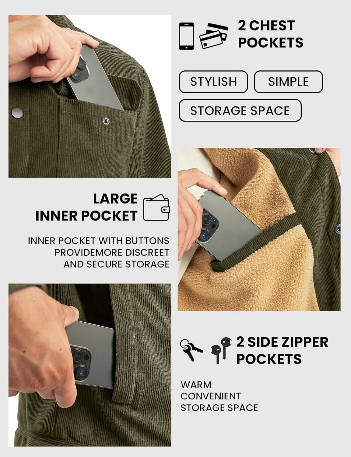 TBMPOY Men's Corduroy Jacket Sherpa Fleece Lined Jackets Warm Winter Trucker Work Casual Hiking Coat with 5 Pockets
