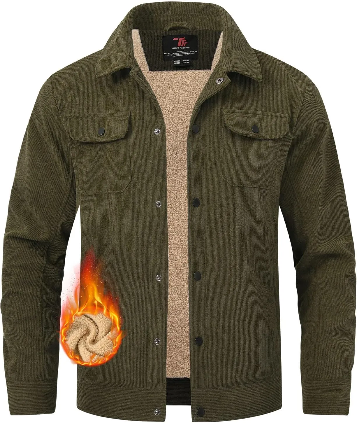 TBMPOY Men's Corduroy Jacket Sherpa Fleece Lined Jackets Warm Winter Trucker Work Casual Hiking Coat with 5 Pockets