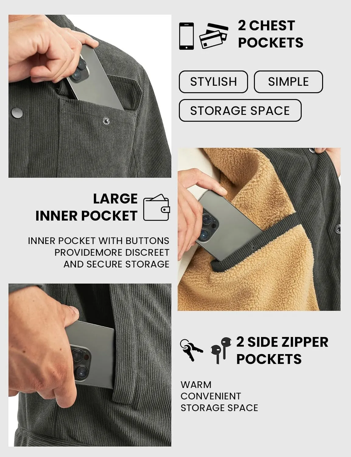 TBMPOY Men's Corduroy Jacket Sherpa Fleece Lined Jackets Warm Winter Trucker Work Casual Hiking Coat with 5 Pockets