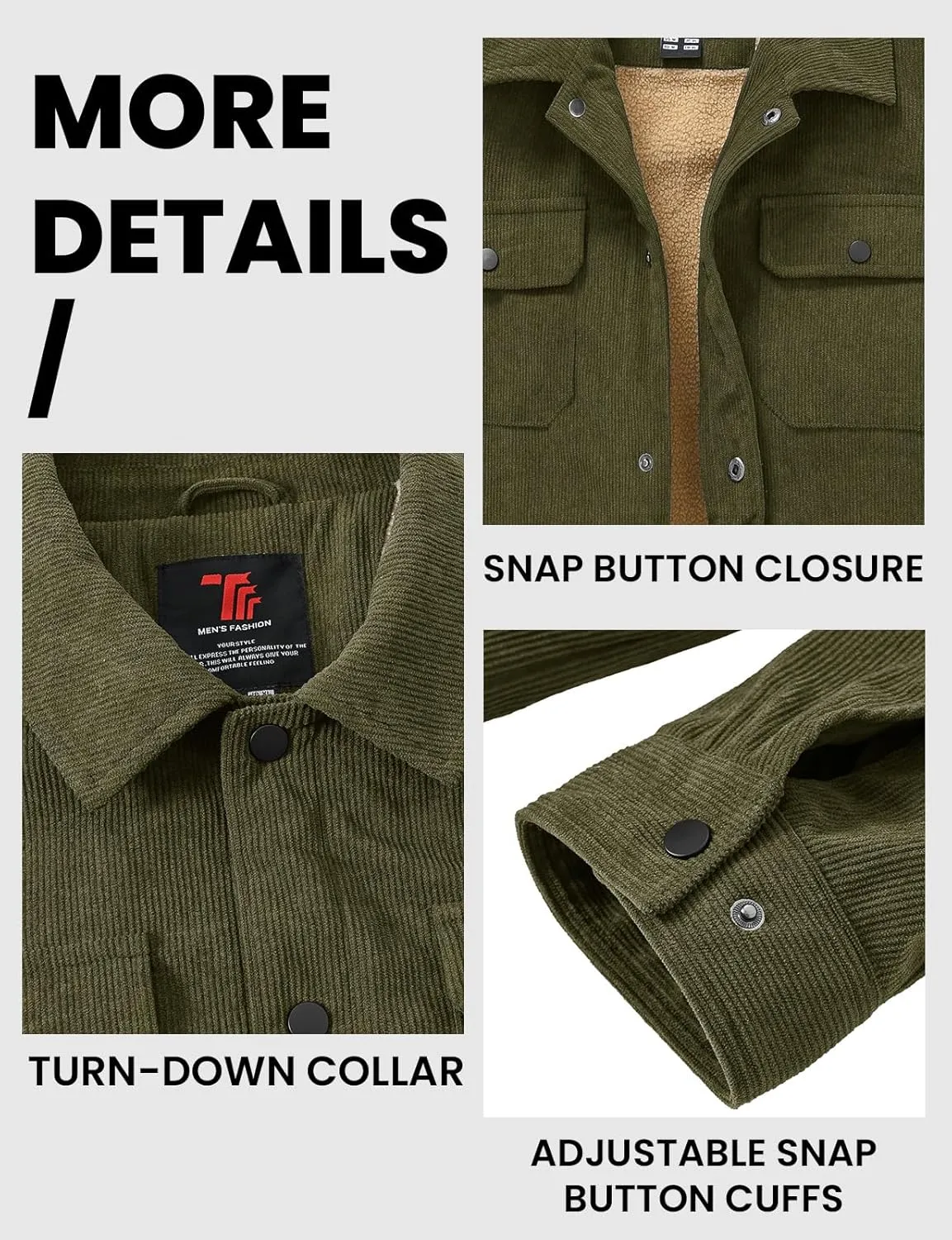 TBMPOY Men's Corduroy Jacket Sherpa Fleece Lined Jackets Warm Winter Trucker Work Casual Hiking Coat with 5 Pockets