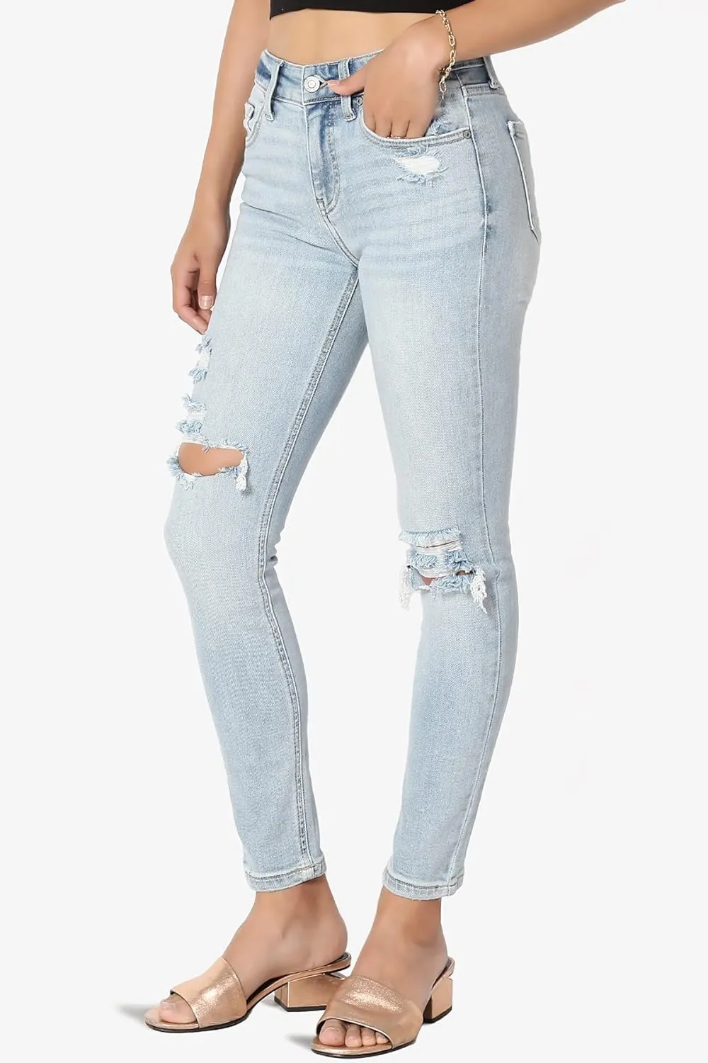 TheMogan Clara Ripped Distressed Destroyed Washed Knee High Rise Skinny Jeans