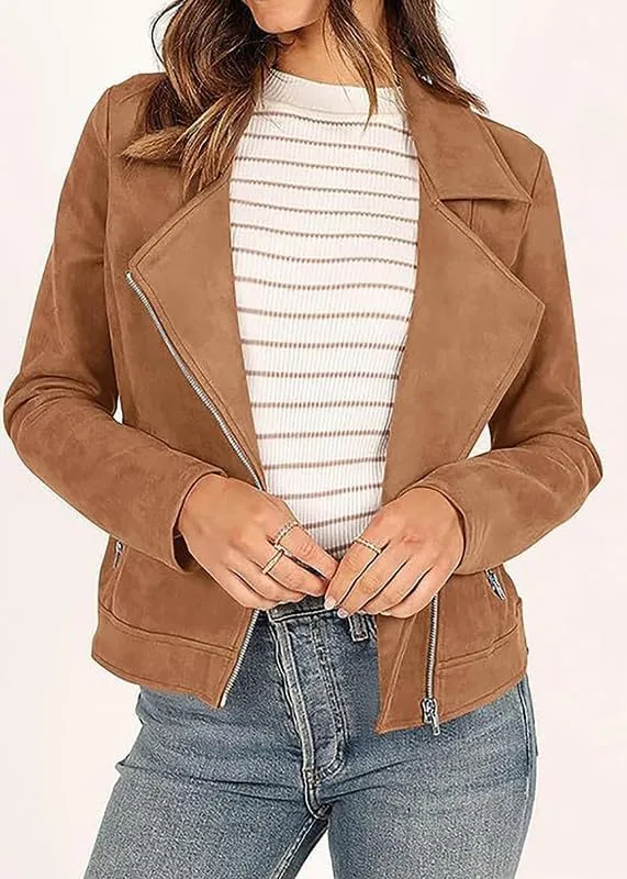 TOSHIKII Women's Suede Crop Jacket, Ladies Faux Suede Full Zip Jackets Moto Biker Short Coat, S-XXL