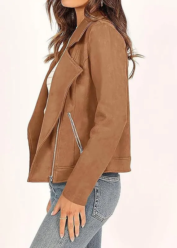TOSHIKII Women's Suede Crop Jacket, Ladies Faux Suede Full Zip Jackets Moto Biker Short Coat, S-XXL