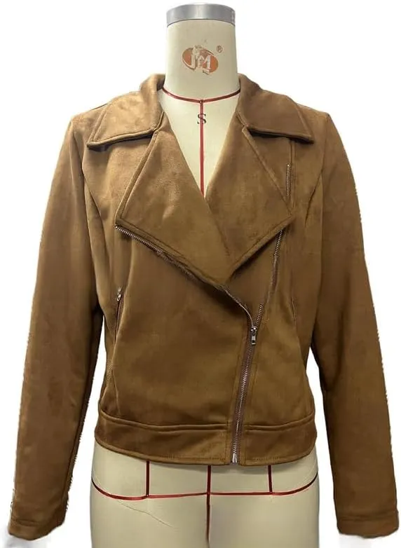 TOSHIKII Women's Suede Crop Jacket, Ladies Faux Suede Full Zip Jackets Moto Biker Short Coat, S-XXL