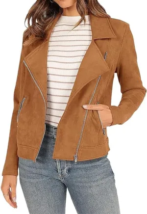 TOSHIKII Women's Suede Crop Jacket, Ladies Faux Suede Full Zip Jackets Moto Biker Short Coat, S-XXL