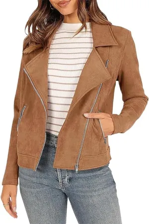 TOSHIKII Women's Suede Crop Jacket, Ladies Faux Suede Full Zip Jackets Moto Biker Short Coat, S-XXL