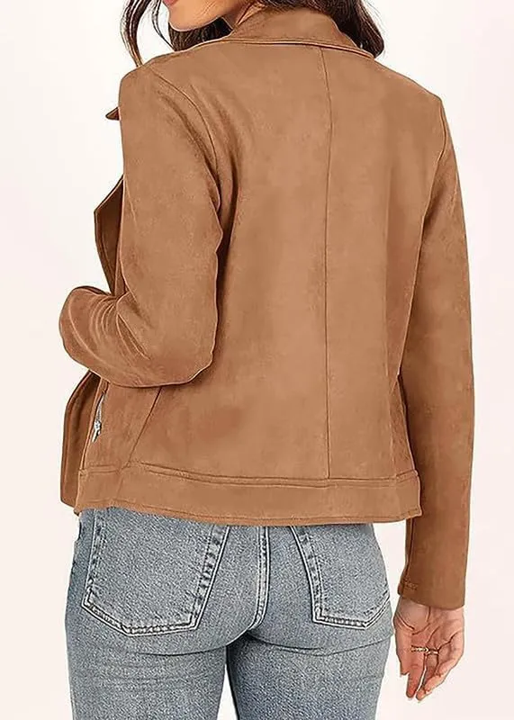 TOSHIKII Women's Suede Crop Jacket, Ladies Faux Suede Full Zip Jackets Moto Biker Short Coat, S-XXL