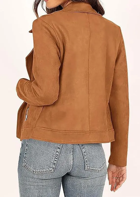 TOSHIKII Women's Suede Crop Jacket, Ladies Faux Suede Full Zip Jackets Moto Biker Short Coat, S-XXL
