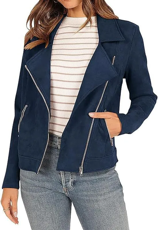 TOSHIKII Women's Suede Crop Jacket, Ladies Faux Suede Full Zip Jackets Moto Biker Short Coat, S-XXL