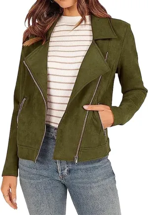 TOSHIKII Women's Suede Crop Jacket, Ladies Faux Suede Full Zip Jackets Moto Biker Short Coat, S-XXL