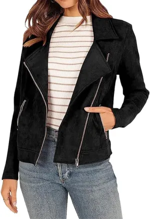 TOSHIKII Women's Suede Crop Jacket, Ladies Faux Suede Full Zip Jackets Moto Biker Short Coat, S-XXL