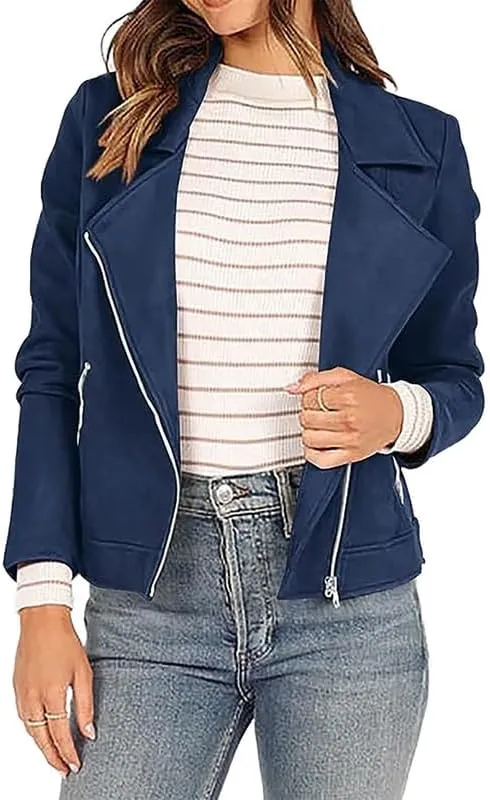 TOSHIKII Women's Suede Crop Jacket, Ladies Faux Suede Full Zip Jackets Moto Biker Short Coat, S-XXL