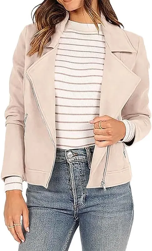 TOSHIKII Women's Suede Crop Jacket, Ladies Faux Suede Full Zip Jackets Moto Biker Short Coat, S-XXL