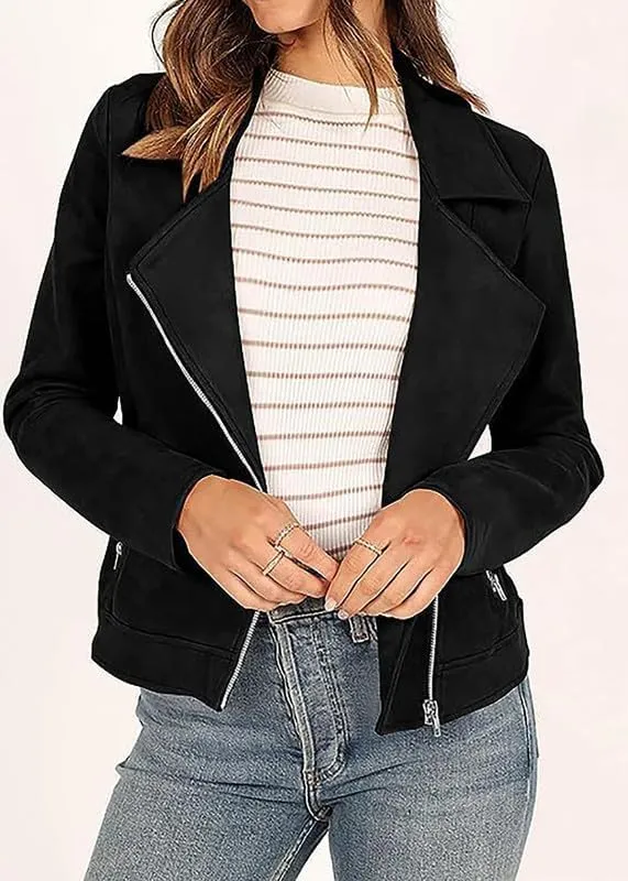 TOSHIKII Women's Suede Crop Jacket, Ladies Faux Suede Full Zip Jackets Moto Biker Short Coat, S-XXL