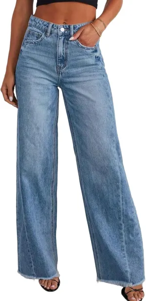 Trendy Women's Baggy Wide Leg Jeans High Rise Stretchy Denim Pants with Raw Hem & Comfort Fit
