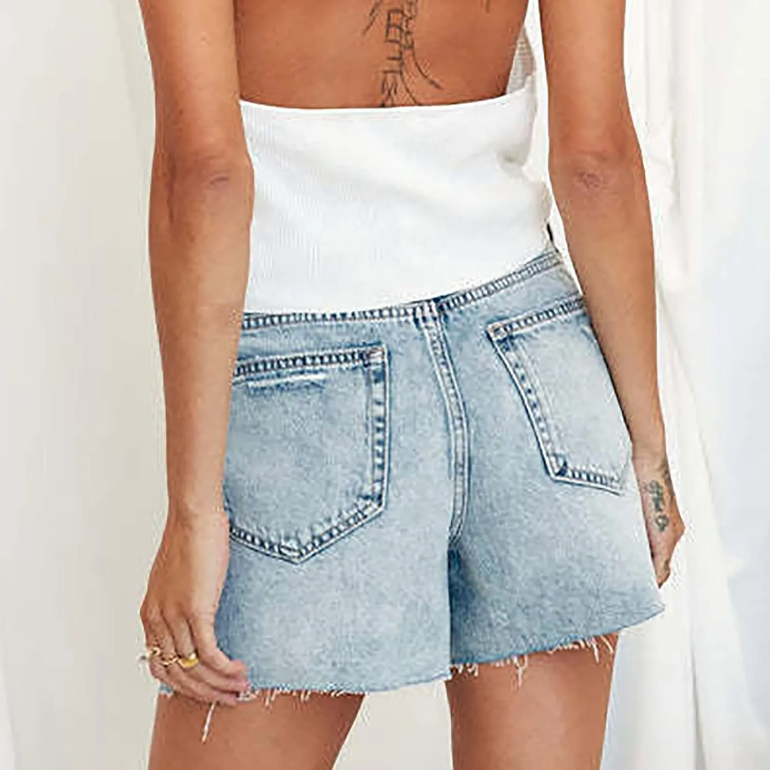 tuduoms Womens Fashion Denim Paperbag Shorts Casual High Waisted Petite Bermuda Shorts Cute Bow Tie Waist Shorts with Pockets