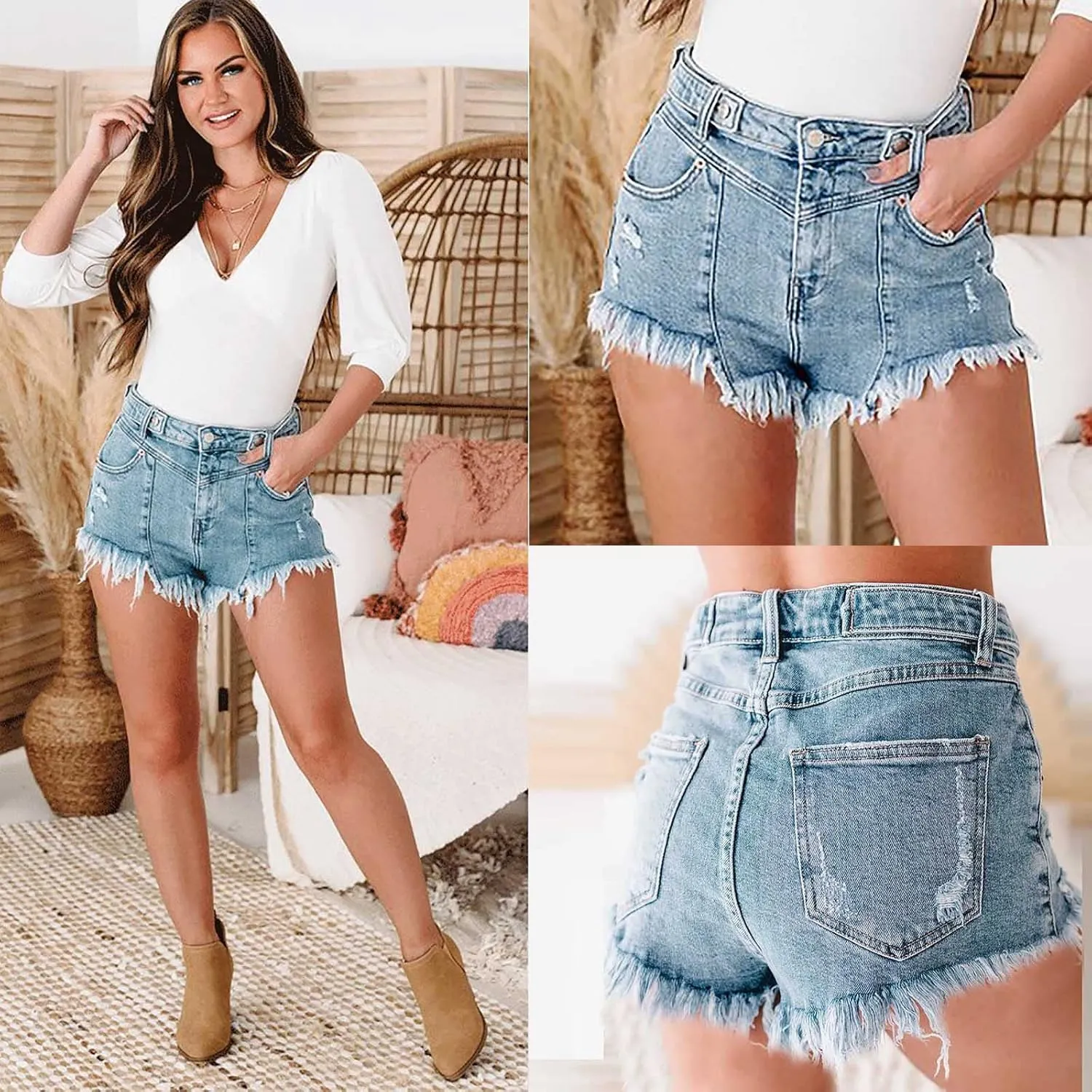 tuduoms Womens Fashion Denim Paperbag Shorts Casual High Waisted Petite Bermuda Shorts Cute Bow Tie Waist Shorts with Pockets
