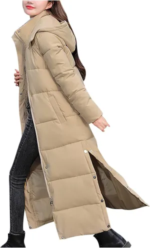 tuduoms Women's Long Maxi Puffer Winter Coat Side Split Warm Hooded Quilted Lightweight Down Jacket Padded Parkas Outerwear