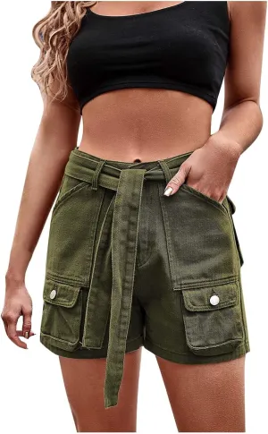 Uillui Womens Paperbag Cargo Shorts,Denim High Waisted Wide Leg Sexy Jean Shorts Stretch Y2k Loose Fit Bermuda Pocket Shorts