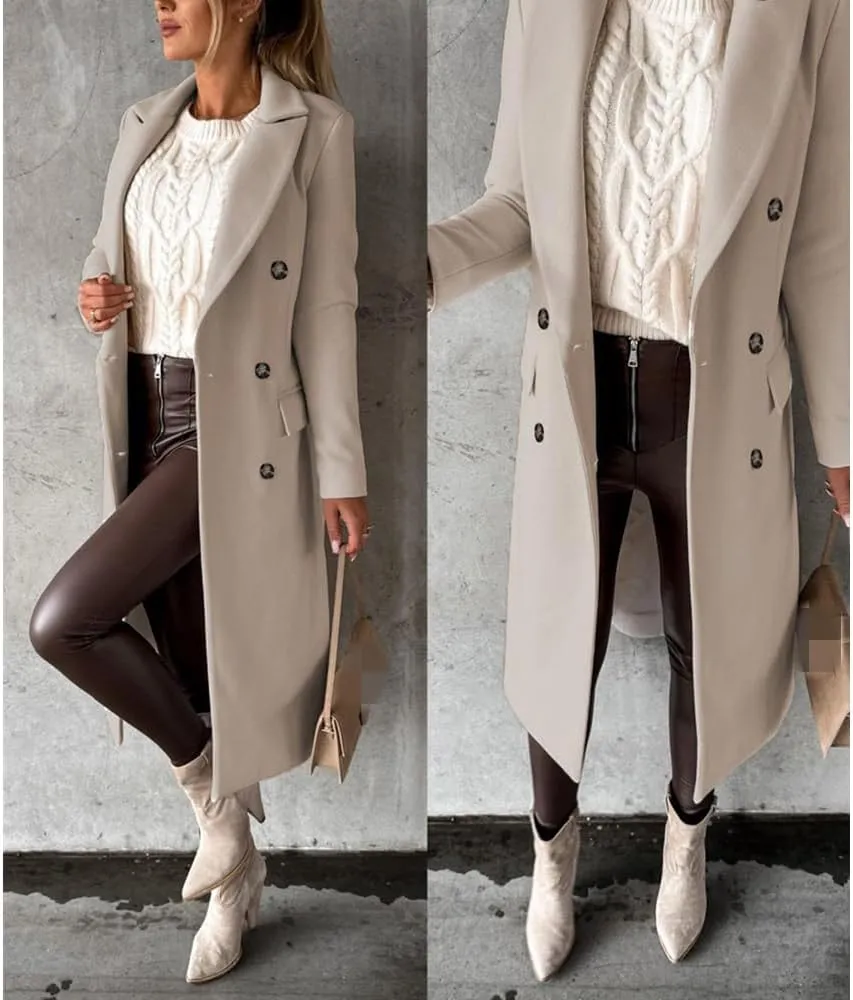 Useagrey Women's Elegant Long Wool Blend Coats Solid Color Thicken Warm Fleece Coat Button Down Winter Jacket Outwear