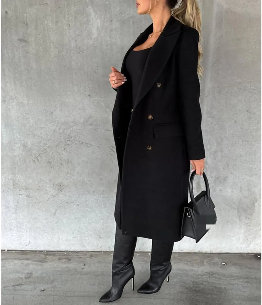 Useagrey Women's Elegant Long Wool Blend Coats Solid Color Thicken Warm Fleece Coat Button Down Winter Jacket Outwear