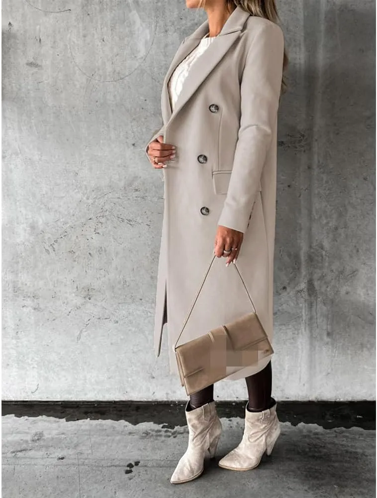 Useagrey Women's Elegant Long Wool Blend Coats Solid Color Thicken Warm Fleece Coat Button Down Winter Jacket Outwear