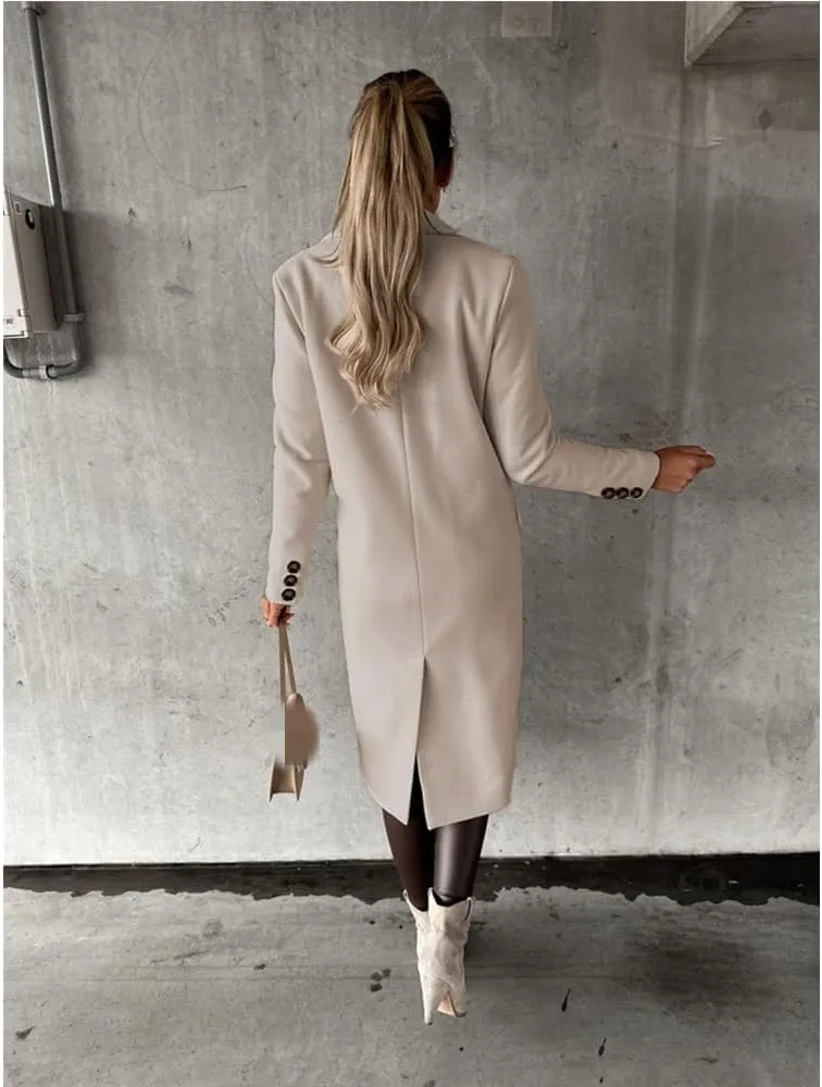 Useagrey Women's Elegant Long Wool Blend Coats Solid Color Thicken Warm Fleece Coat Button Down Winter Jacket Outwear