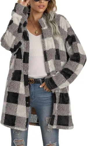 Useagrey Womens Winter Clothes Fashion Fuzzy Fleece Jacket Hooded Full Zip Color Block Coats Warm Comfy Plus Size Outerwear