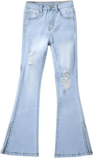 WDIRARA Girl's High Waisted Ripped Raw Hem Flare Bell Bottom Jeans Denim Pants