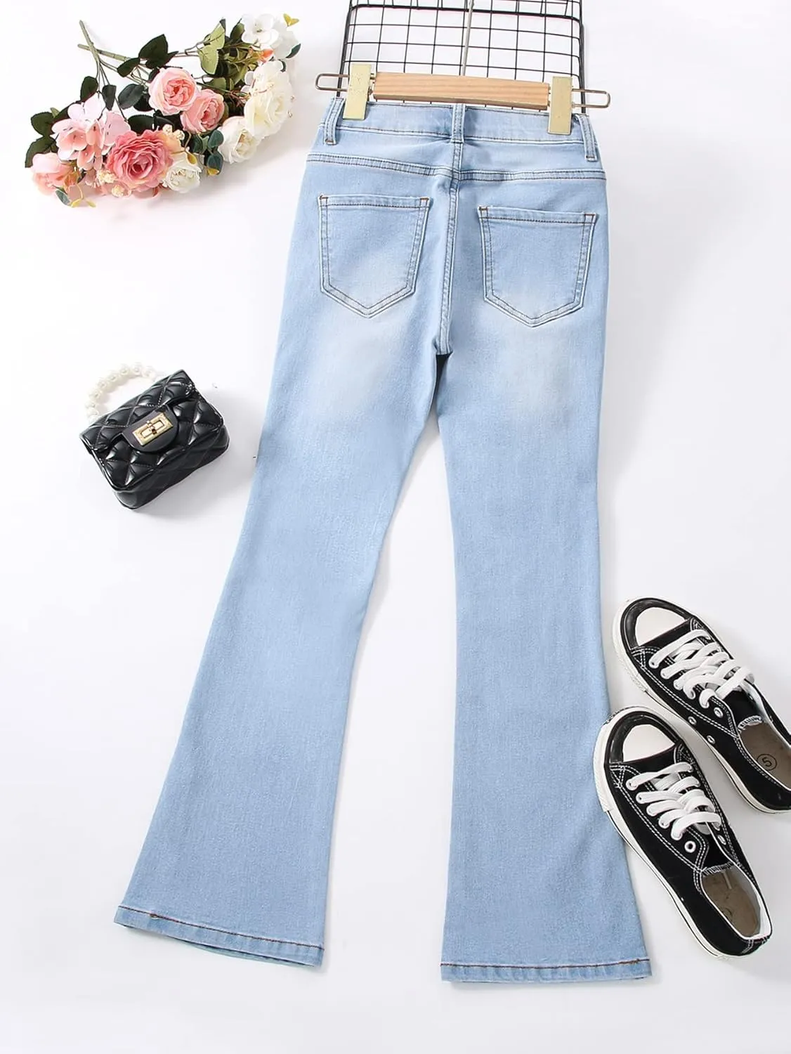 WDIRARA Girl's High Waisted Ripped Raw Hem Flare Bell Bottom Jeans Denim Pants