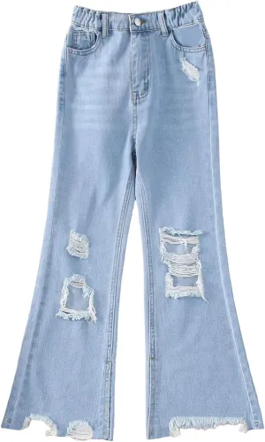 WDIRARA Girl's High Waisted Ripped Raw Hem Flare Bell Bottom Jeans Denim Pants
