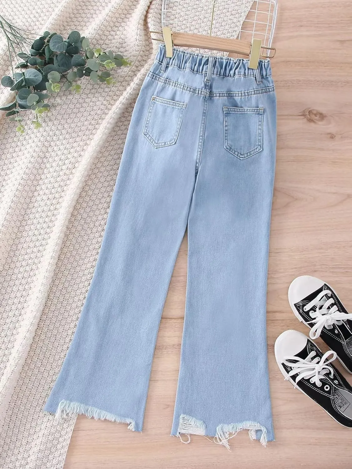 WDIRARA Girl's High Waisted Ripped Raw Hem Flare Bell Bottom Jeans Denim Pants