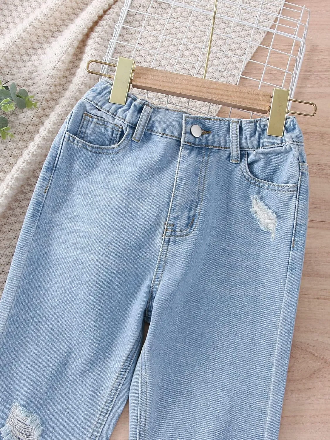 WDIRARA Girl's High Waisted Ripped Raw Hem Flare Bell Bottom Jeans Denim Pants