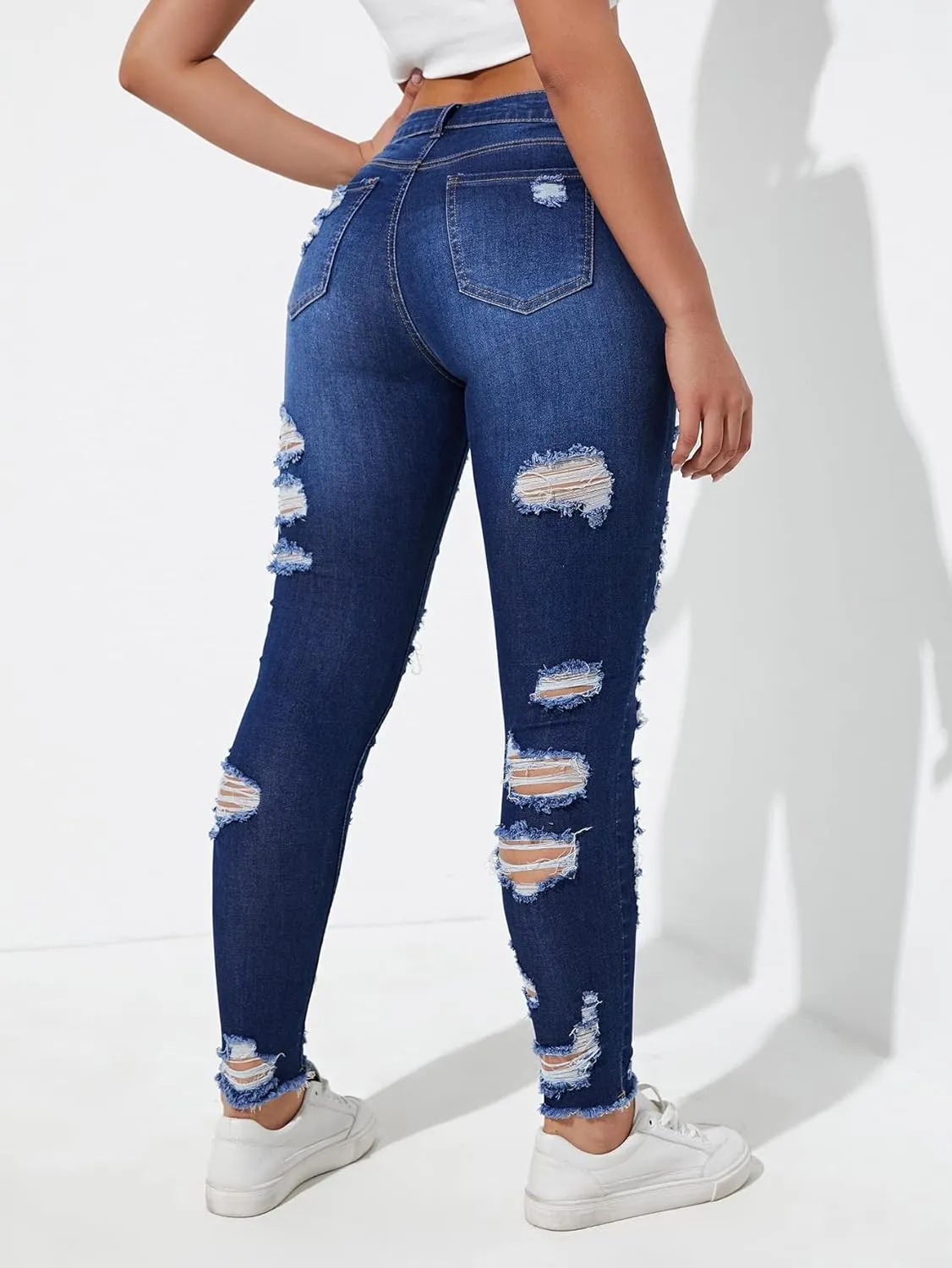 WDIRARA Women's High Waisted Ripped Raw Hem Skinny Jeans Distressed Cut Out Pants
