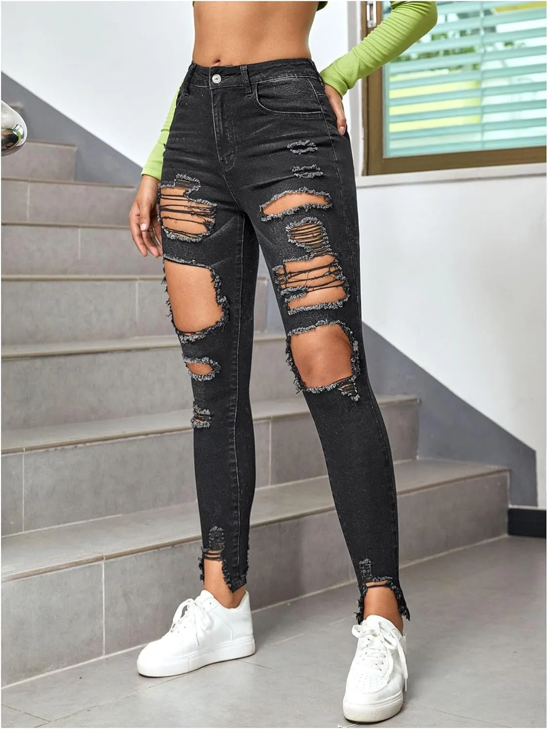 WDIRARA Women's High Waisted Ripped Raw Hem Skinny Jeans Distressed Cut Out Pants