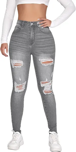 WDIRARA Women's High Waisted Ripped Raw Hem Skinny Jeans Distressed Cut Out Pants