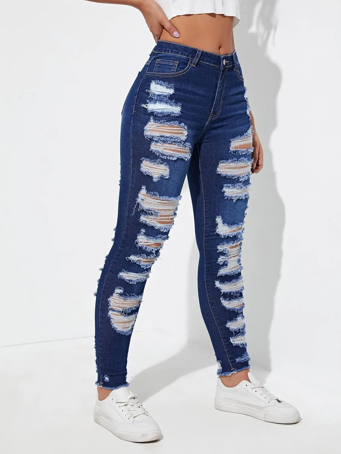 WDIRARA Women's High Waisted Ripped Raw Hem Skinny Jeans Distressed Cut Out Pants