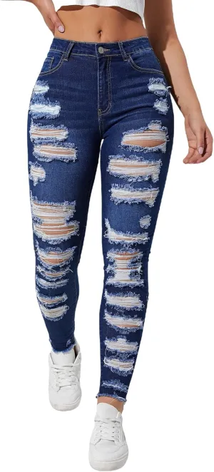 WDIRARA Women's High Waisted Ripped Raw Hem Skinny Jeans Distressed Cut Out Pants
