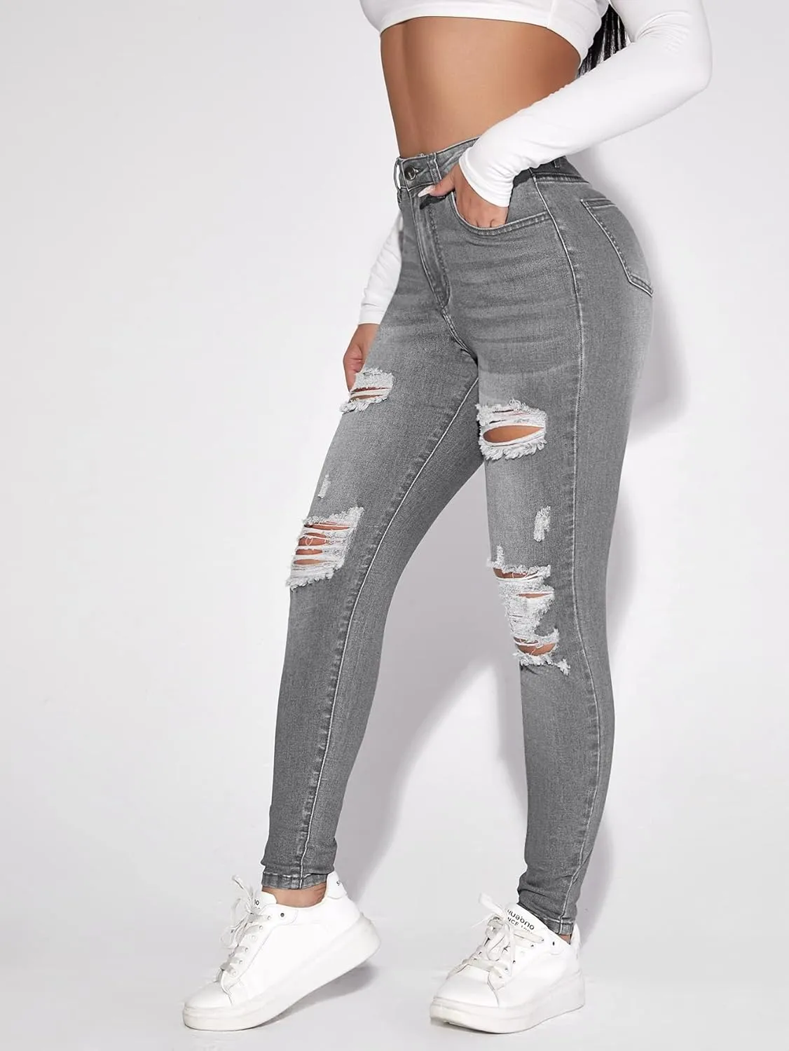 WDIRARA Women's High Waisted Ripped Raw Hem Skinny Jeans Distressed Cut Out Pants