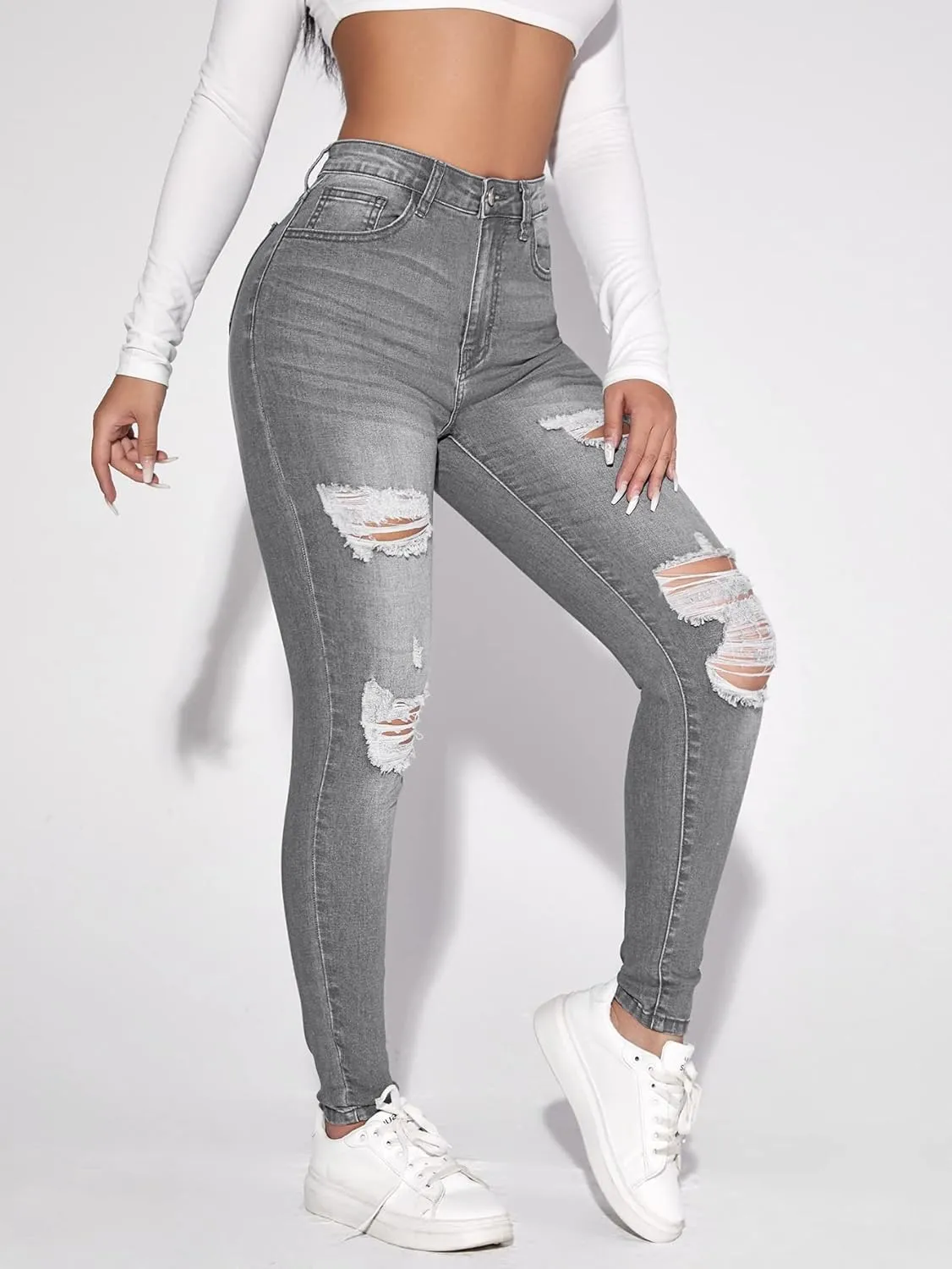 WDIRARA Women's High Waisted Ripped Raw Hem Skinny Jeans Distressed Cut Out Pants