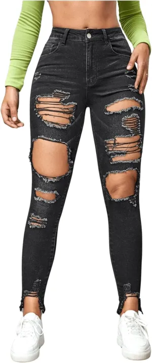 WDIRARA Women's High Waisted Ripped Raw Hem Skinny Jeans Distressed Cut Out Pants
